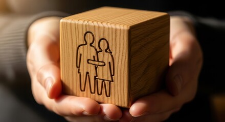 Wooden block with family symbol held in hands showing family support