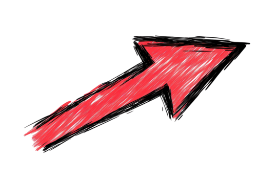 Hand-drawn red arrow pointing upwards, a simple yet effective design on a transparent background ready for various uses in digital and print media