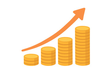 Profit and financial growth concept with coin stacks and an up arrow. Vector illustration representing a profit graph, increased revenue, income, and business success.