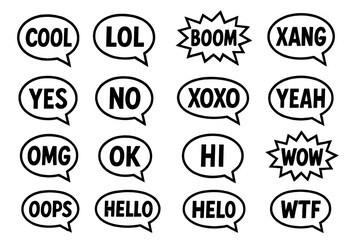 Collection of speech bubbles with common chat slang, words, and acronyms. Set of pop art comic style message icons for texting. Cool, LOL, OMG, YES, NO, XOXO, WOW vector pack.