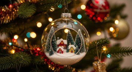 Christmas tree ornament with miniature winter scene inside the glass ball