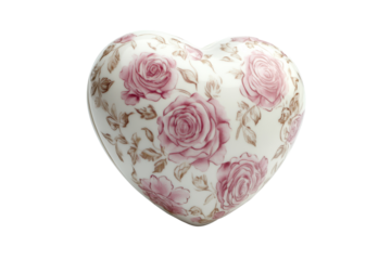 White ceramic heart features delicate pink roses for home decor or gift embellishment