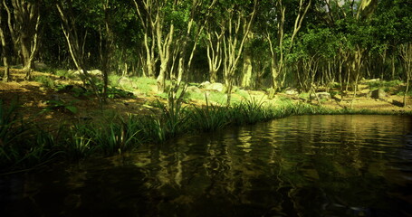 Sunlight filters through tall trees, illuminating a serene forest scene. A calm pond reflects the greenery, creating a peaceful atmosphere for relaxation and contemplation.