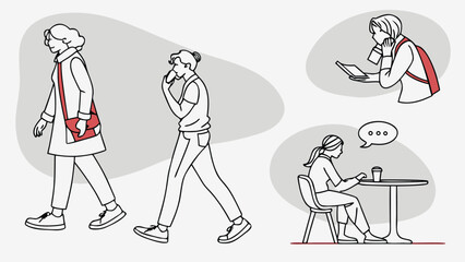 People in Different Poses Including Standing, Walking, Sitting, and Talking Outlined, Symbol for architecture and landscape drawing, Simple People line cad art