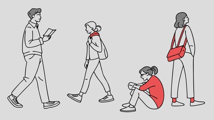 People in Different Poses Including Standing, Walking, Sitting, and Talking Outlined, Symbol for architecture and landscape drawing, Simple People line cad art
