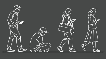 People in Different Poses Including Standing, Walking, Sitting, and Talking Outlined, Symbol for architecture and landscape drawing, Simple People line cad art