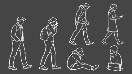 People in Different Poses Including Standing, Walking, Sitting, and Talking Outlined, Symbol for architecture and landscape drawing, Simple People line cad art