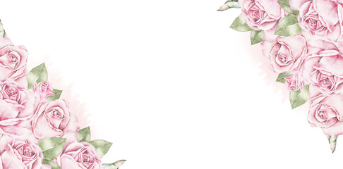Horizontal watercolor floral frame with pink roses and green leaves arranged in two corners. Elegant romantic composition for Saint Valentines Day cards, invitations, posters, and wedding stationery. © Evgeniia