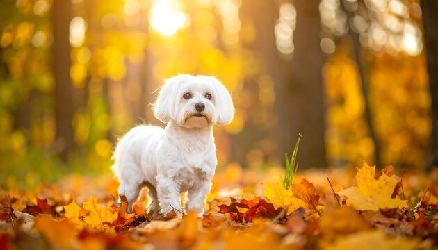 White dog in autumn leaves