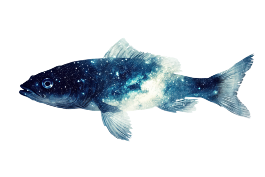 Surreal scene of a fish swimming gracefully through a starry sky filled with vibrant cosmic colors and celestial wonders at night