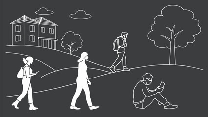 People in Different Poses Including Standing, Walking, Sitting, and Talking Outlined, Symbol for architecture and landscape drawing, Simple People line cad art