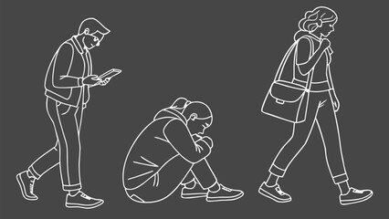 People in Different Poses Including Standing, Walking, Sitting, and Talking Outlined, Symbol for architecture and landscape drawing, Simple People line cad art