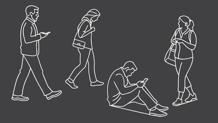People in Different Poses Including Standing, Walking, Sitting, and Talking Outlined, Symbol for architecture and landscape drawing, Simple People line cad art
