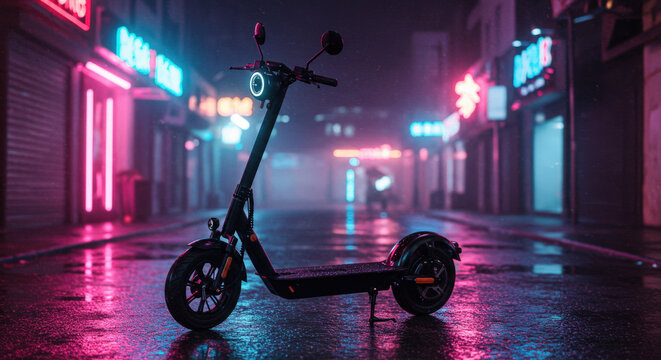 Futuristic E-Scooter with Neon Light Trails in Urban Nightscape
