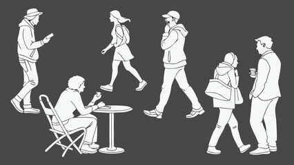 People in Different Poses Including Standing, Walking, Sitting, and Talking Outlined, Symbol for architecture and landscape drawing, Simple People line cad art