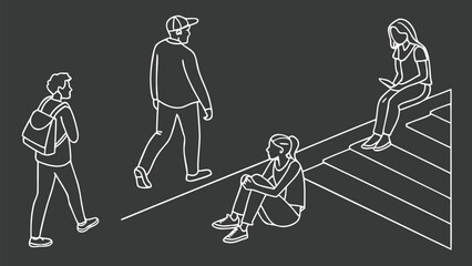 People in Different Poses Including Standing, Walking, Sitting, and Talking Outlined, Symbol for architecture and landscape drawing, Simple People line cad art
