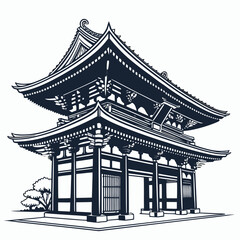 Japanese temple gate black and white illustration traditional architecture