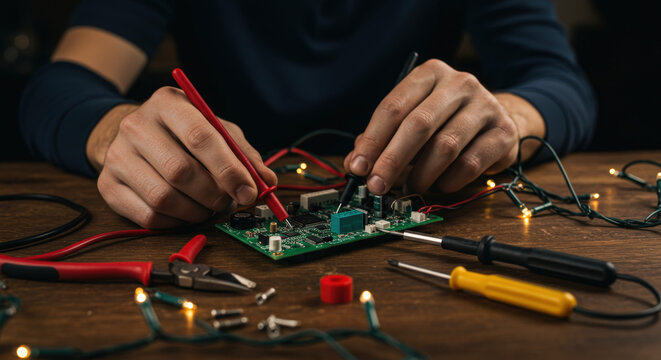 Technician Repairing Electronic Circuit Board with Christmas Lights