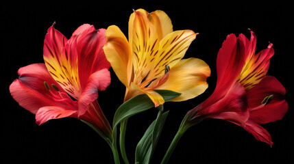 Fototapeta premium Three vibrant alstroemeria flowers bloom with fiery red and golden yellow petals against a stark black backdrop, showcasing nature's delicate beauty and artistry.