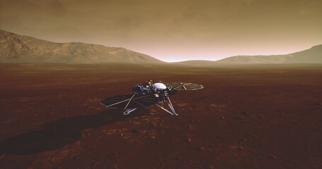 On the surface of Mars, the InSight lander conducts scientific investigations of the planets geology and seismic activity while capturing data for future exploration. © icetray