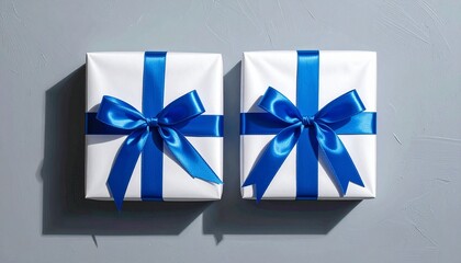 Two white gift boxes with shiny blue bows side by side on flat surface, soft shadows and symmetry.