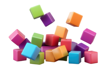 Colorful cubes floating in mid-air create a vibrant scene on a transparent background for playful imagination and creativity
