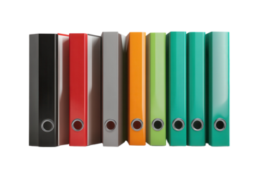 Office folders lined up in various colors on a transparent background showcasing organization and storage solutions