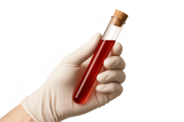 Hand in glove holding test tube with red sample