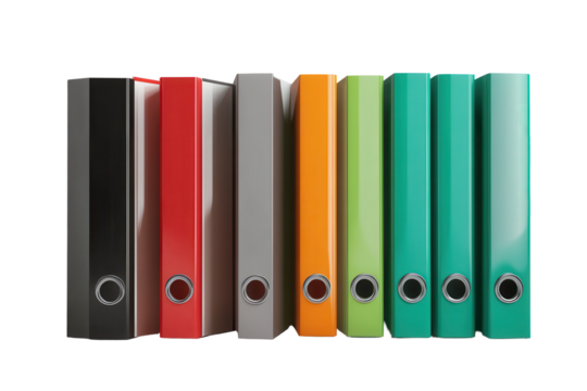 Office folders lined up in various colors on a transparent background showcasing organization and storage solutions