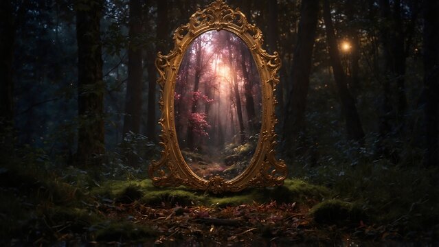 A mystical portal mirror in a verdant forest, with sunlight spilling into the unknown