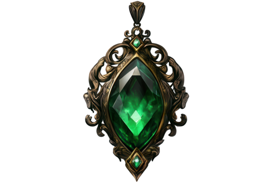Enchanted amulet with radiant green gem glowing in ancient design, casting light in a mystical atmosphere for collectors and fantasy lovers