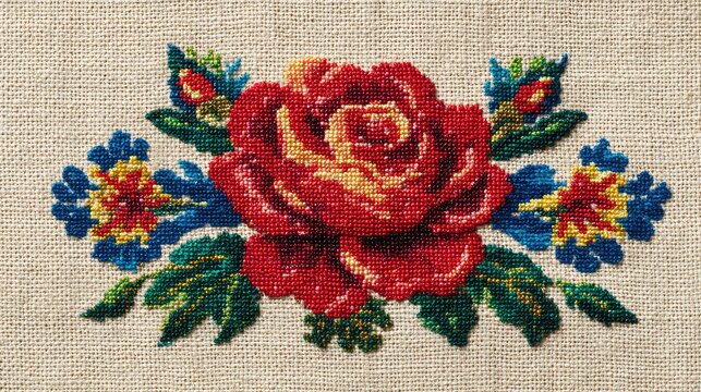 Handcrafted Cross-Stitch Embroidery with Lined Flower Border