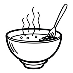 Simple black and white line drawing of a steaming bowl of soup. Steaming Bowl of Soup.