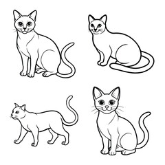 Collection of stylized line art drawings of domestic cats in various poses. Illustrations of Cats in Different Poses Set