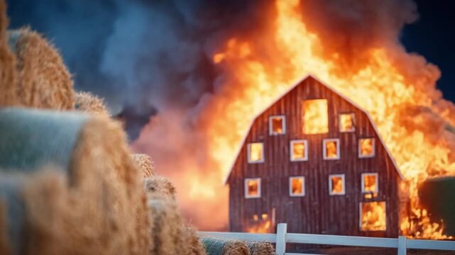 Barn on Fire: A rustic wooden barn is engulfed in intense flames, with thick smoke billowing into the dark sky, while a stack of hay bales stands ominously close.