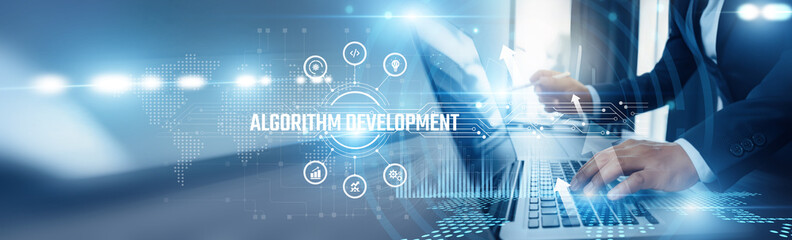 Businessman using laptop and algorithm development analyzing technological data, data structures,...