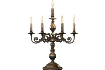 Elegant candelabra with five candle holders stands isolated with a transparent background, showcasing its intricate design and classic appeal in soft lighting