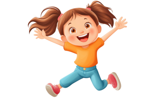 Happy girl jumping joyfully in the air wearing an orange shirt and blue pants, expressing excitement and energy, perfect for cheerful illustrations or children's content - Powered by Adobe