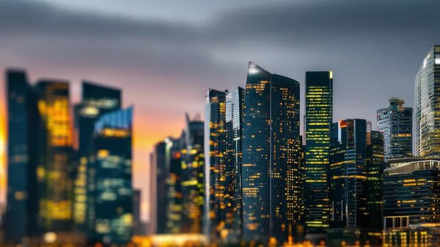 Cityscape Lights: A captivating dusk scene reveals a city skyline shimmering with a constellation of lights, against the backdrop of a rich, evocative sky.