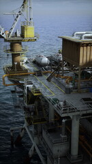 An old oil platform stands tall amidst the vast ocean, representing industrial activity at sea.