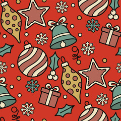 Retro Christmas Ornament Seamless Pattern - Vintage Cartoon Nostalgic Vector