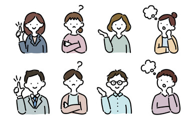 手描き風ゆるいイラスト：様々な表情の男女