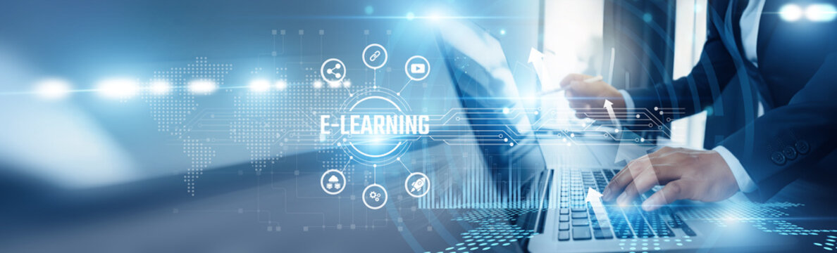 Businessman using laptop and e-learning analyzing technological data, virtual classrooms, learning management systems, interactive content, remote education, knowledge sharing platforms.