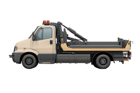 Realistic modern tow truck in side view showcasing efficient design for roadside assistance in urban settings during daylight hours