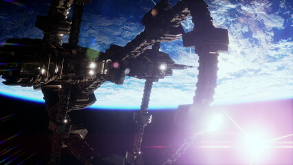 Highly detailed huge spaceship approaching to the Earth elements furnished by nasa