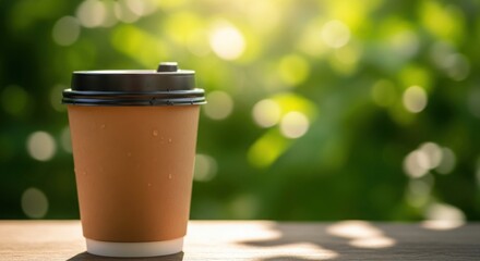 Disposable coffee cup on wooden table with blurred green background