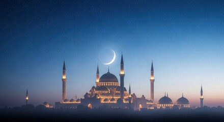Mosque with crescent moon and stars at night with illuminated minarets