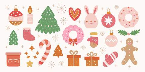 Whimsical christmas elements collection with festive ornaments trees gifts and decorations