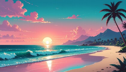 Retro Pixel Sunset Beach