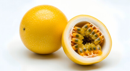 A vibrant yellow passion fruit sits next to its halved counterpart, revealing the juicy, seedy interior on a clean white surface.